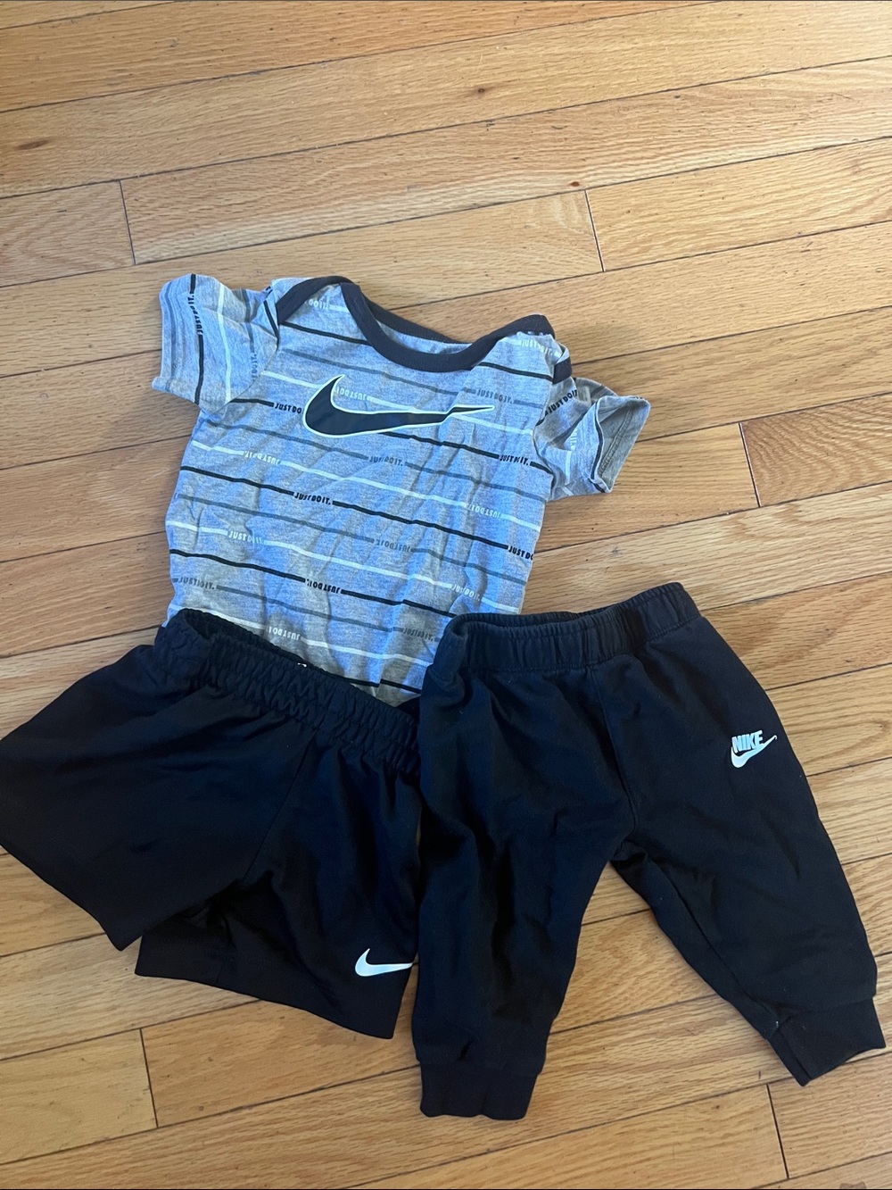 Nike Gray Striped Tee with Black Shorts & Black Joggers